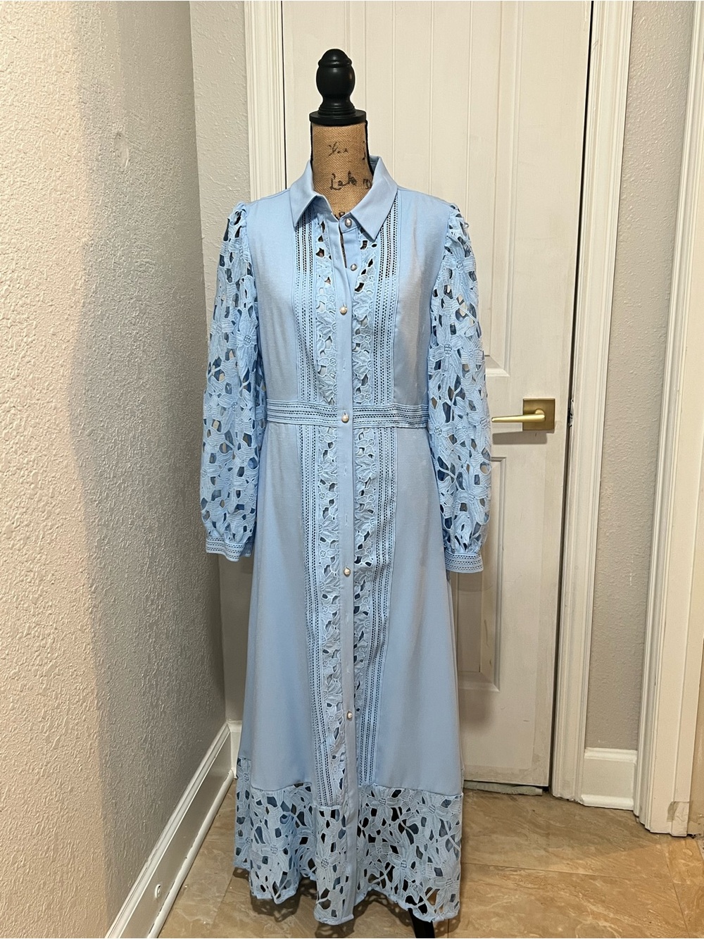 NWOT MOTF Pale Blue Lace Panel Long Sleeve Shirt Dress